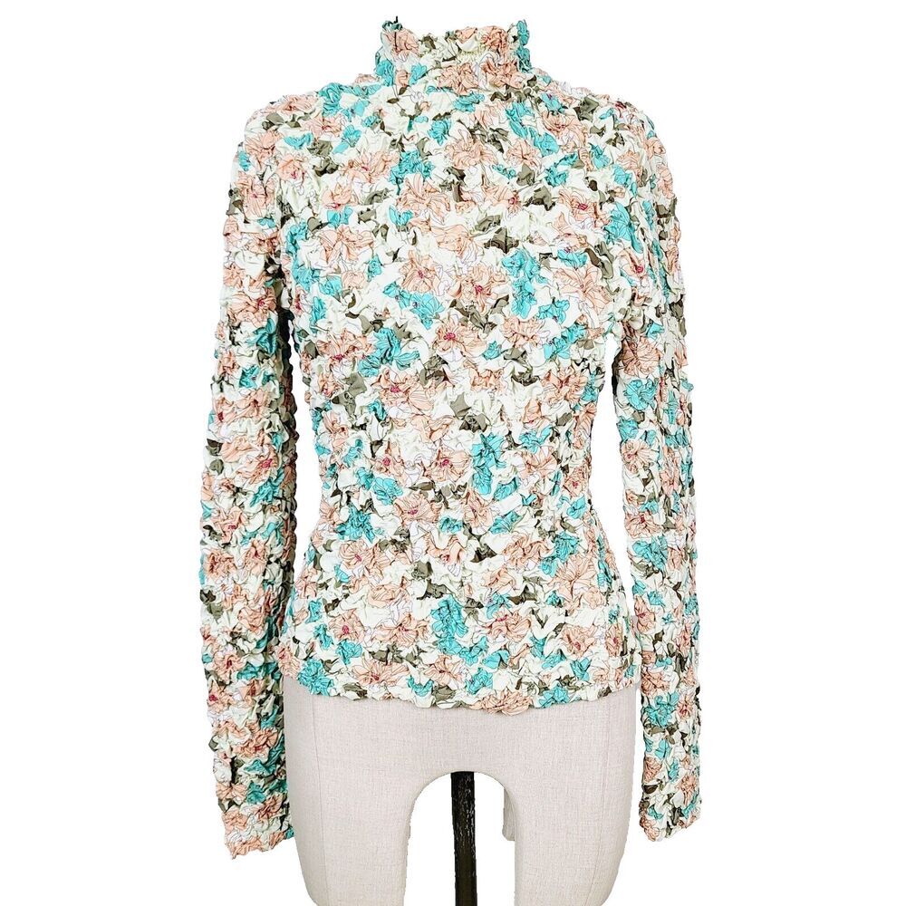 Dolan Printed Pebble Smocked Turtleneck Top M Pink Green Floral Stretch Pullover